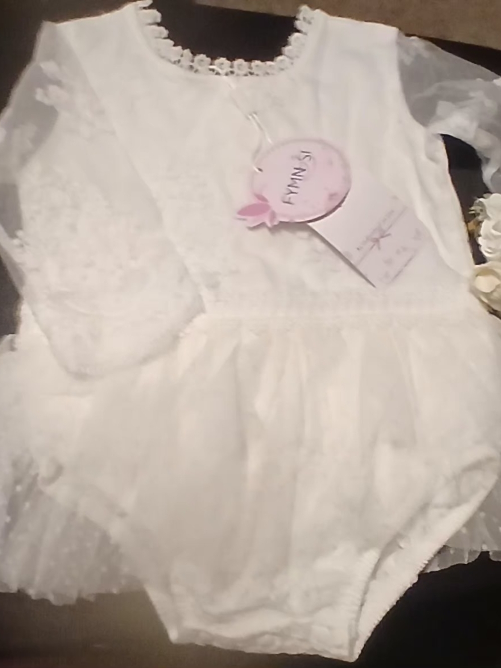 White Lace Baby One-Piece Bodysuit with Tulle Skirt And Headband